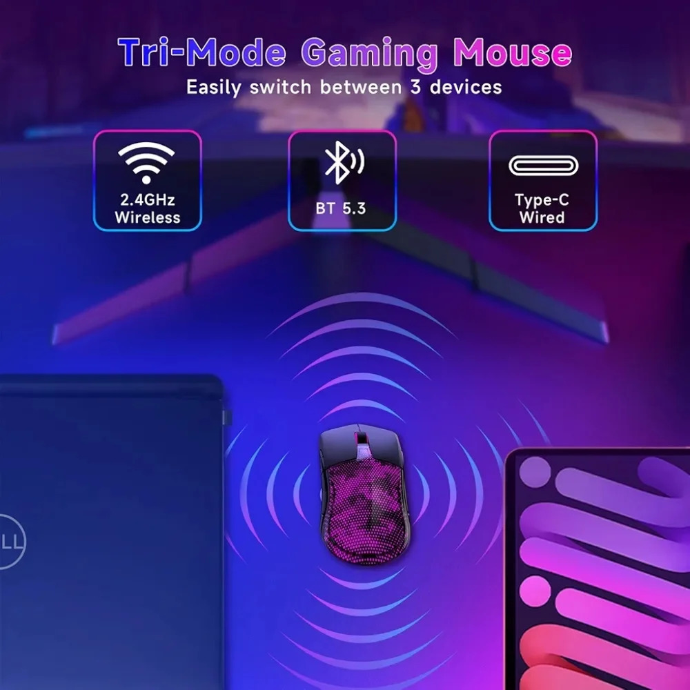 Wireless Gaming Mouse, 12000 DPI, Tri-Mode 2.4G/USB-C/Bluetooth 5.3, RGB Backlit